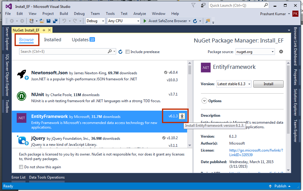 Install Entity Framework