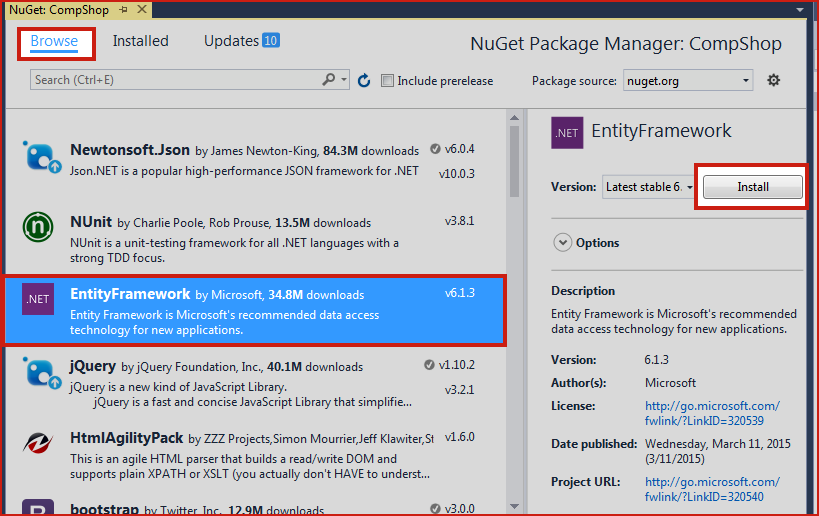 Browse Entity Framework