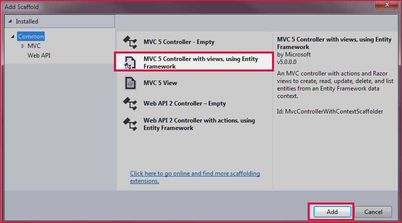 MVC 5 Controller with views, using Entity Framework