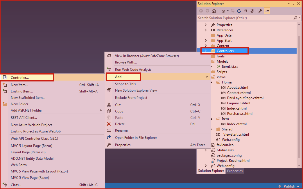 Solution Explorer New item. Web API Controller class. Cshtml. Add person cshtml asp net MVC.