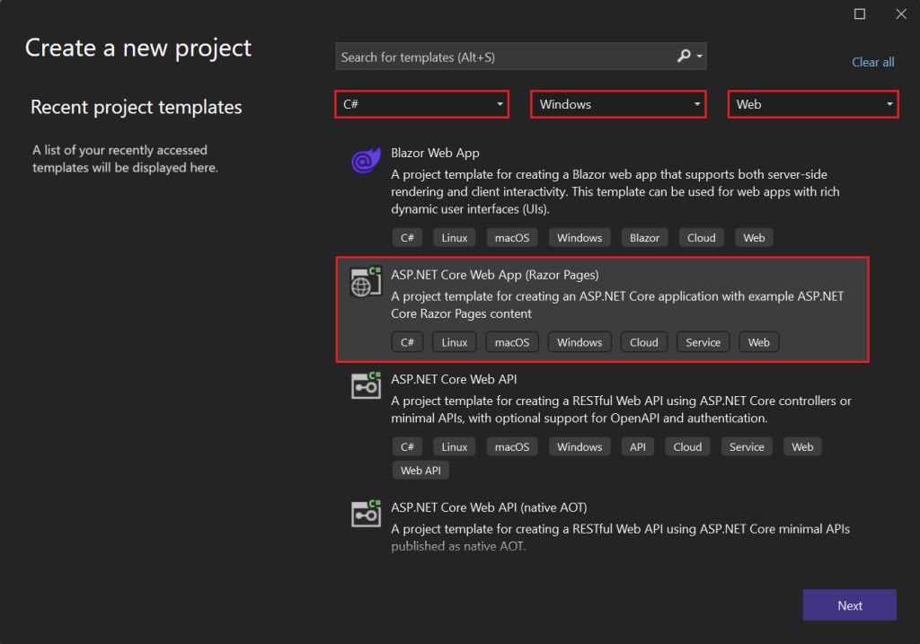 Select ASP.NET Core Web App (Razor Pages) template